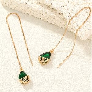 Gold Green Threader Earrings